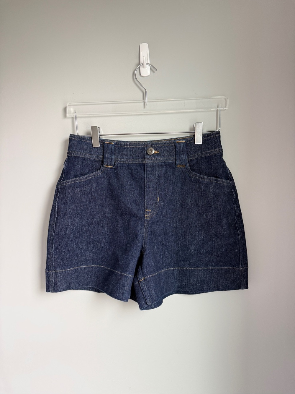 SPANX High Rise Dark Wash Denim Shorts Trouser Front Small Stretchy Pull On